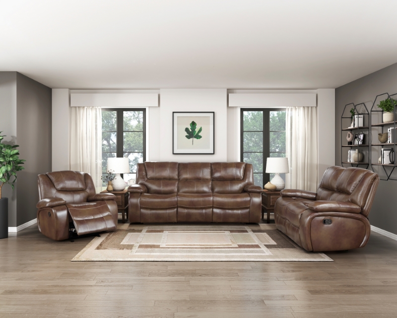 Picture of Genuine Leather Brown Reclining Sofa Loveseat and Glider Recliner