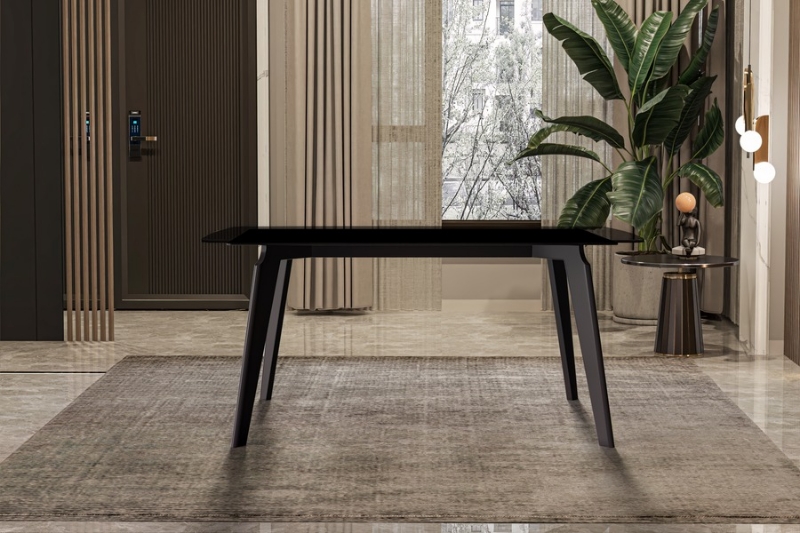 Picture of 55"/62"/71" Dining Table with Rectangular Stone/Glass Wide Tabletop with Black Steel Legs