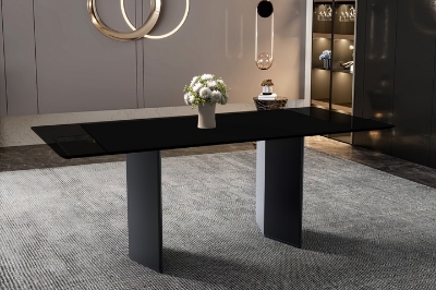 Picture of 55"/62"/71" Dining Table with Rectangular Glass/Sintered Stone Tabletop and Black Steel Legs