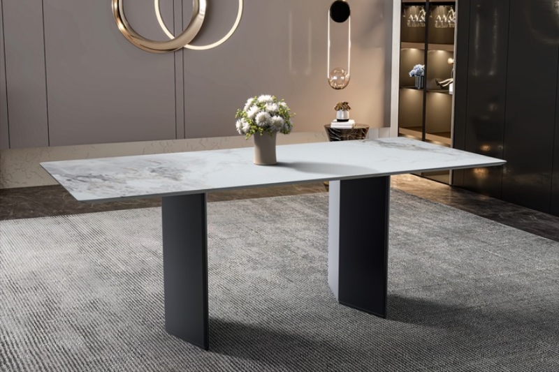 Picture of 55"/62"/71" Dining Table with Rectangular Glass/Sintered Stone Tabletop and Black Steel Legs