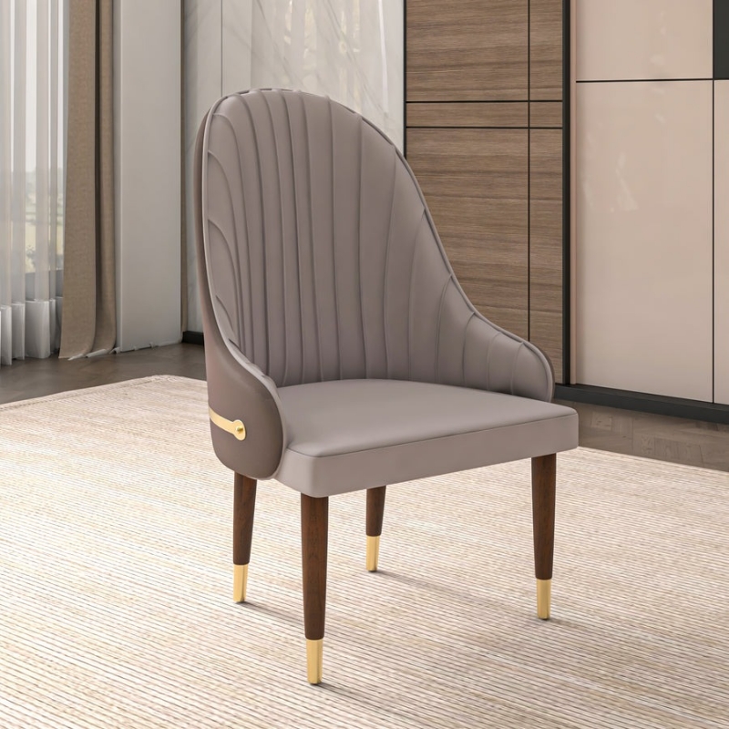 Picture of Leather Dining Chair with Elegant Ripple Back and Gold Accents in Rubberwood