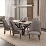 Picture of Leather Dining Chair with Elegant Ripple Back and Gold Accents in Rubberwood