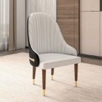 Picture of Leather Dining Chair with Elegant Ripple Back and Gold Accents in Rubberwood