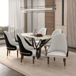 Picture of Leather Dining Chair with Elegant Ripple Back and Gold Accents in Rubberwood