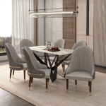 Picture of Leather Dining Chair with Elegant Ripple Back and Gold Accents in Rubberwood