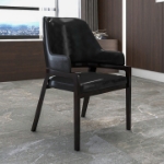 Picture of Dining Chair Upholstered in Leather with Curved Open Back Design and Rubberwood Frame