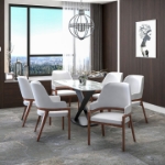 Picture of Dining Chair Upholstered in Leather with Curved Open Back Design and Rubberwood Frame