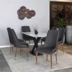 Picture of Dining Side Chair Upholstered in Leather with Brown Rubberwood Legs