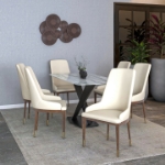 Picture of Dining Side Chair Upholstered in Leather with Brown Rubberwood Legs