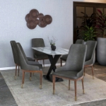 Picture of Dining Side Chair Upholstered in Leather with Brown Rubberwood Legs