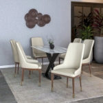 Picture of Dining Side Chair Upholstered in Leather with Brown Rubberwood Legs