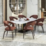 Picture of Dining Chairs Upholstered Leather Seat and Curved Back in Black Iron Legs