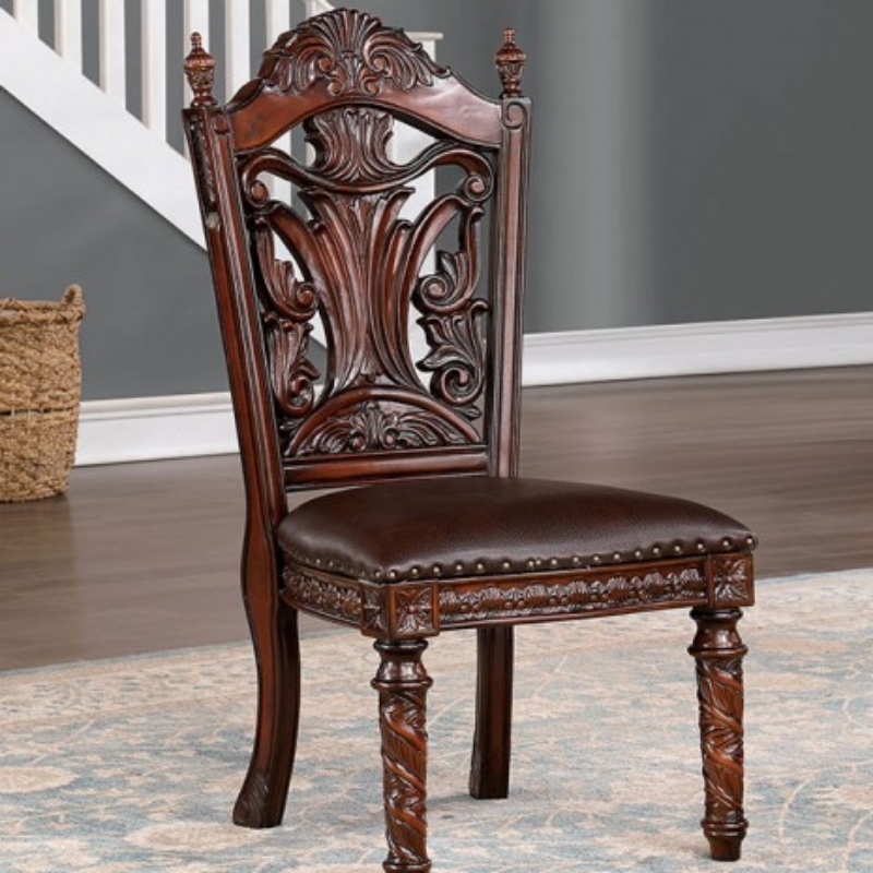 Picture of Faux Wood Carved Dark Brown Leatherette Seats Side Chair and Arm Chair