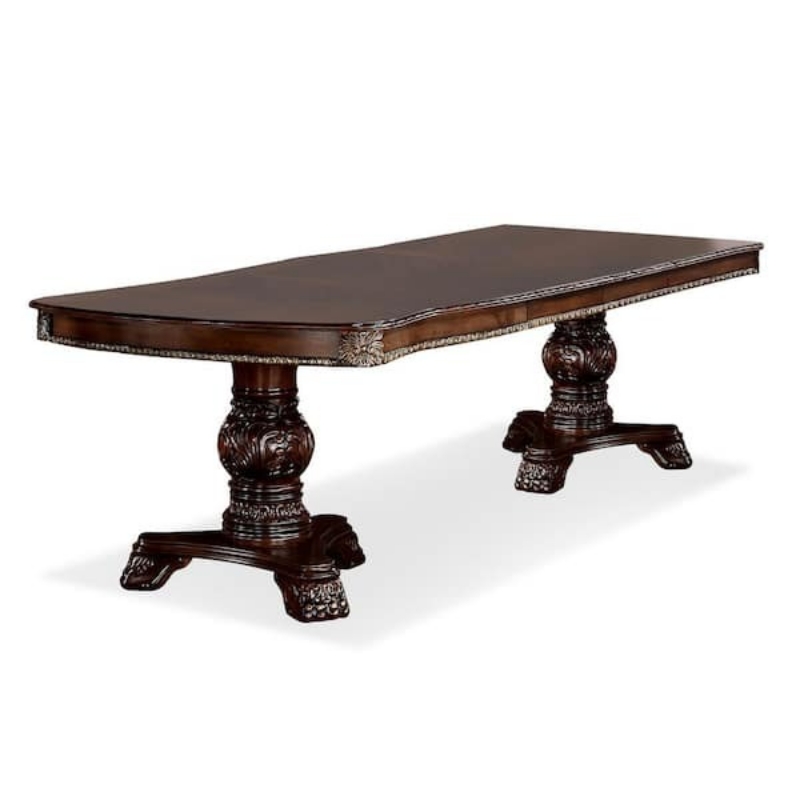 Picture of 84" Expandable Faux Wood Carved Details Brown Cherry Dining Table