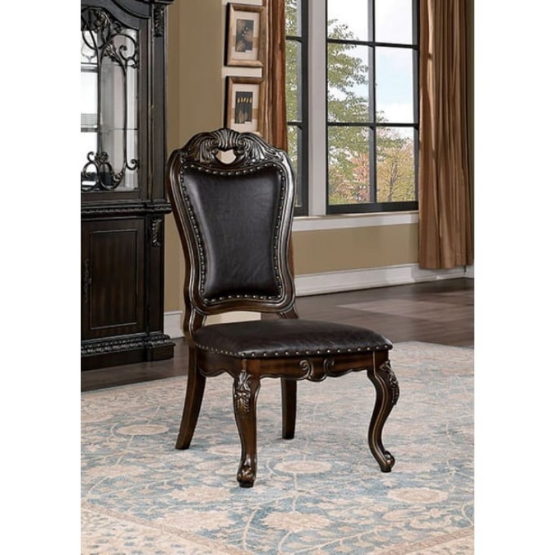 Picture of Faux Wood Carved Details Dark Brown Leatherette Side Chairs and Arm Chair