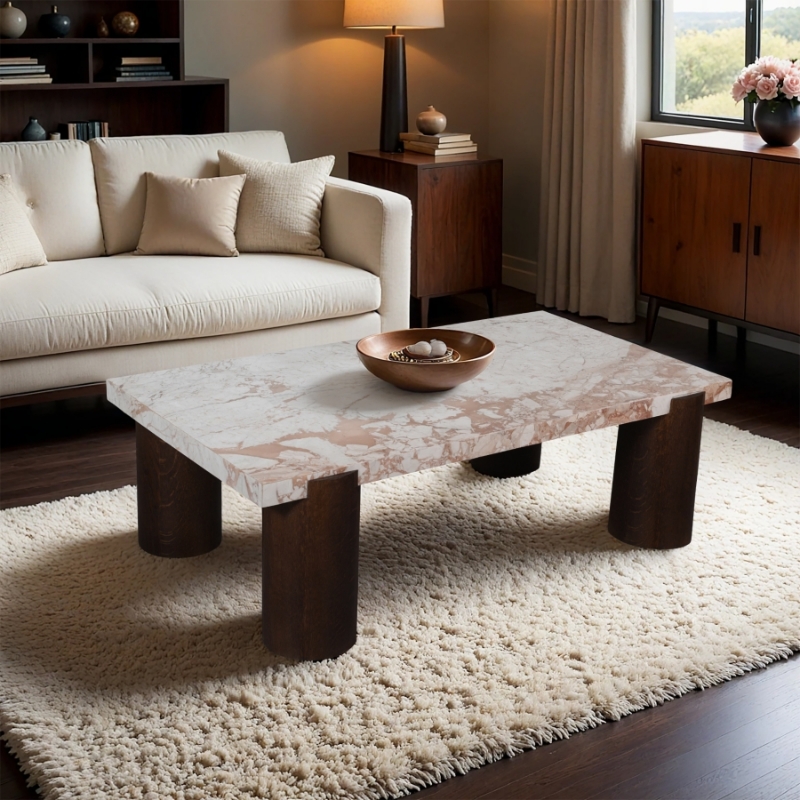 Picture of 54" Handcrafted Genuine Marble Oak Wood Coffee Table