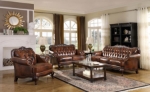 Picture of Genuine Leather Brown Rolled Arm Sofa, Loveseat and Chair