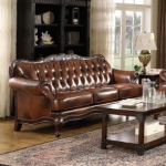 Picture of Genuine Leather Brown Rolled Arm Sofa, Loveseat and Chair