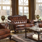 Picture of Genuine Leather Brown Rolled Arm Sofa, Loveseat and Chair