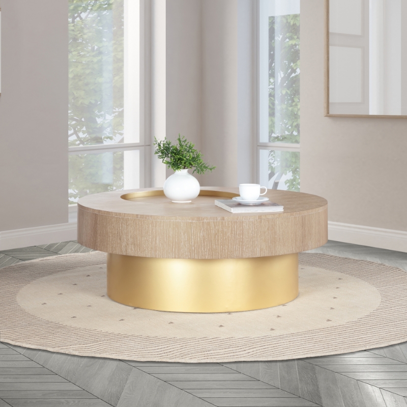 Picture of 39" Oak Veneer Brushed Brass Finish On Base Coffee Table