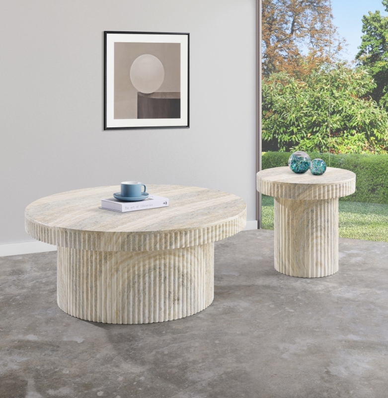 Picture of 36"/18" Fluted Concrete Table in Travertine Finish Coffee Table and End Table